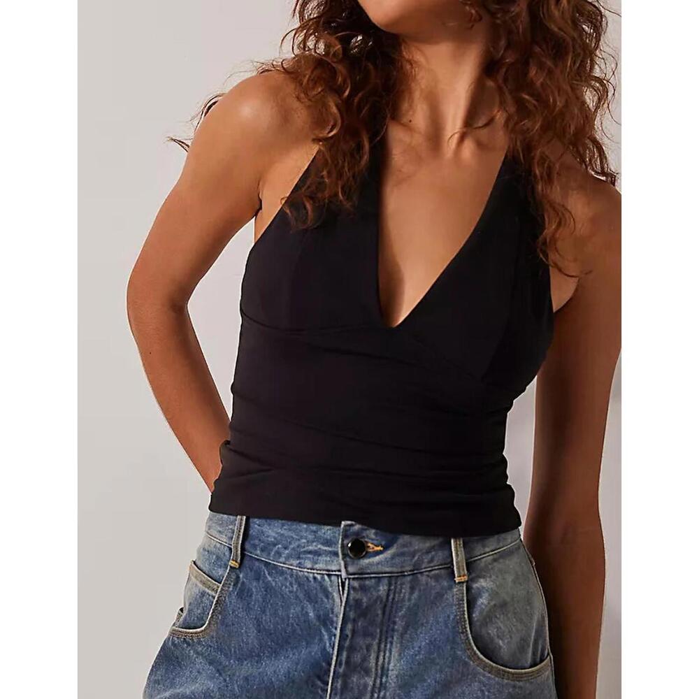 Free People women's size Small v-neck Crop Top Shoulder Tie Black Beach Boho